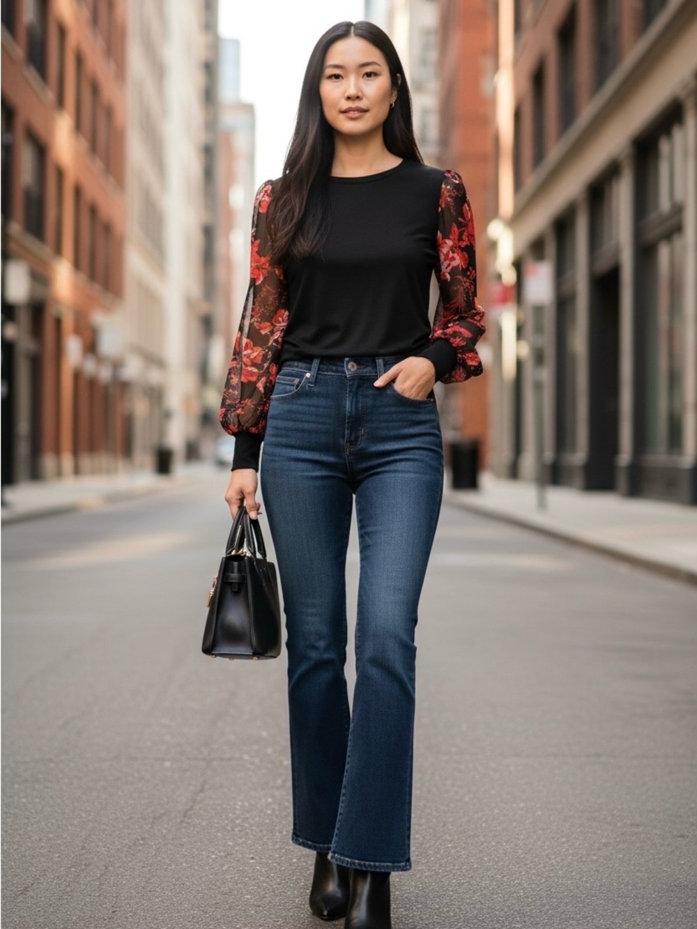 Philosophy Black Top with Sheer Red & Pink Floral Long Sleeves Size MP